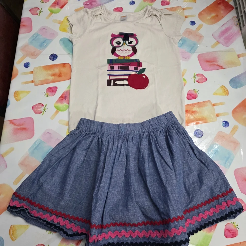 Girls Gymboree Classroom Pink Owl Books & Blue Chambray Skort Outfit Set Size 7